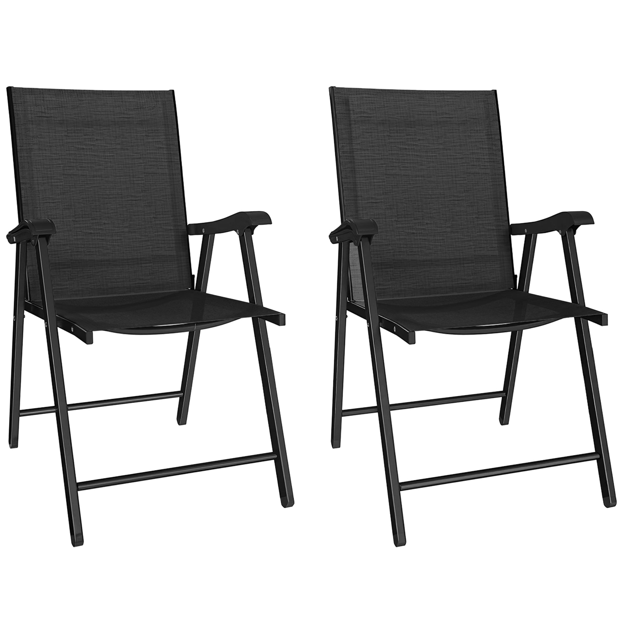 Outsunny Folding Garden Chairs Set of 2, Foldable Garden Dining Chairs with High Back, Armrests, Texteline Seat, Black