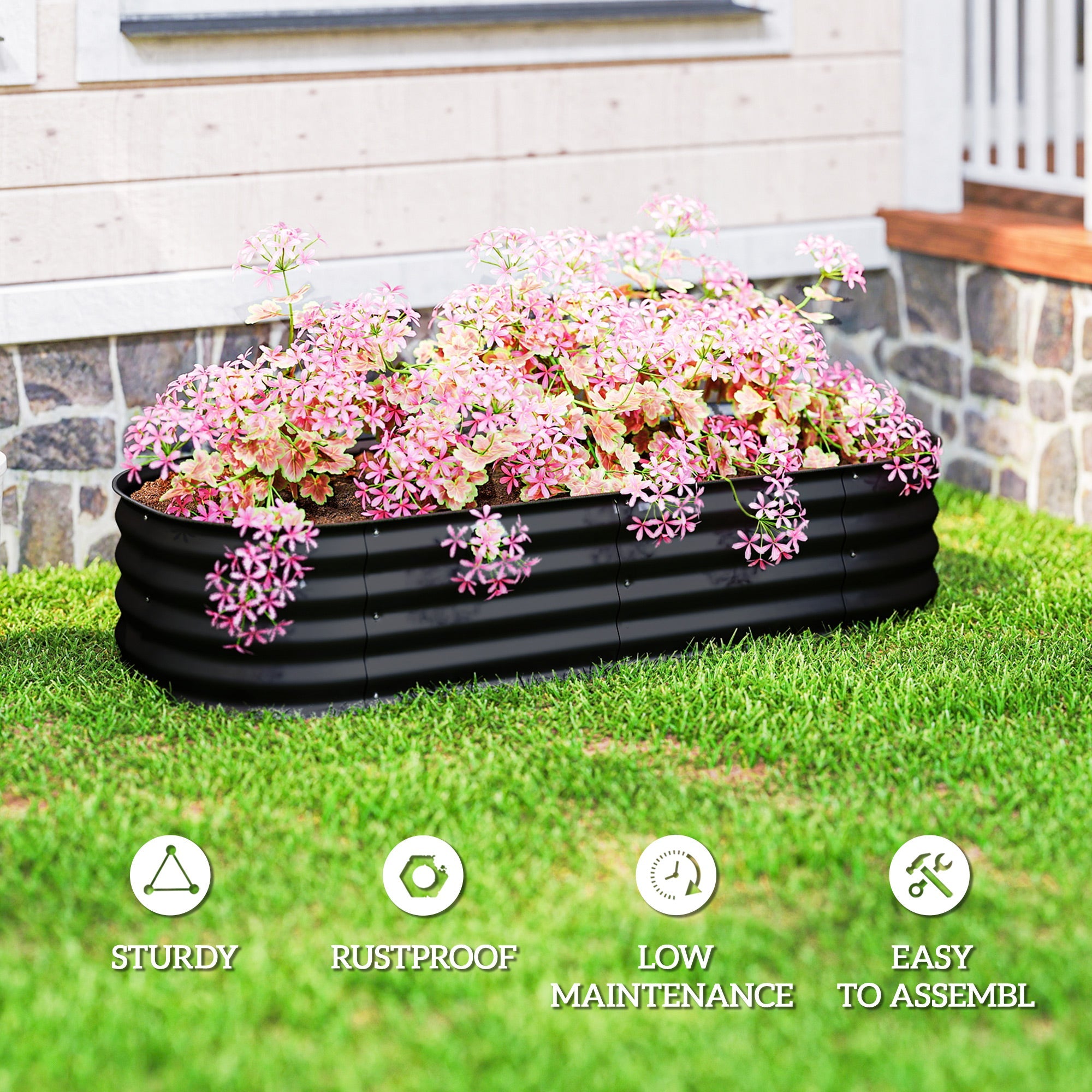 Outsunny Galvanised Raised Garden Bed, Metal Planter Box with Safety Edging, for Flowers, Herbs, Succulents, Black