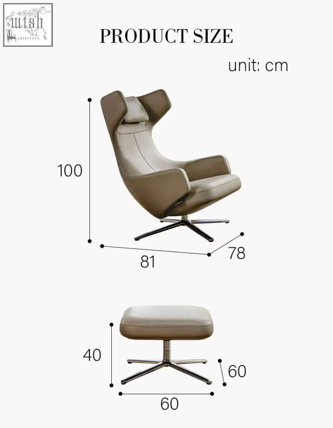 Beige leather wingback lounge chair and ottoman with sleek chrome cross-base legs in ghoshal egg chair style recliner