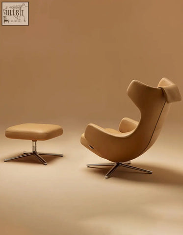 Beige leather ghoshal egg chair wingback lounge chair with chrome star base and matching recliner ottoman