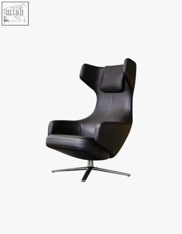 Black leather ghoshal egg chair wingback lounge chair with recliner and chrome star base perfect for relaxing