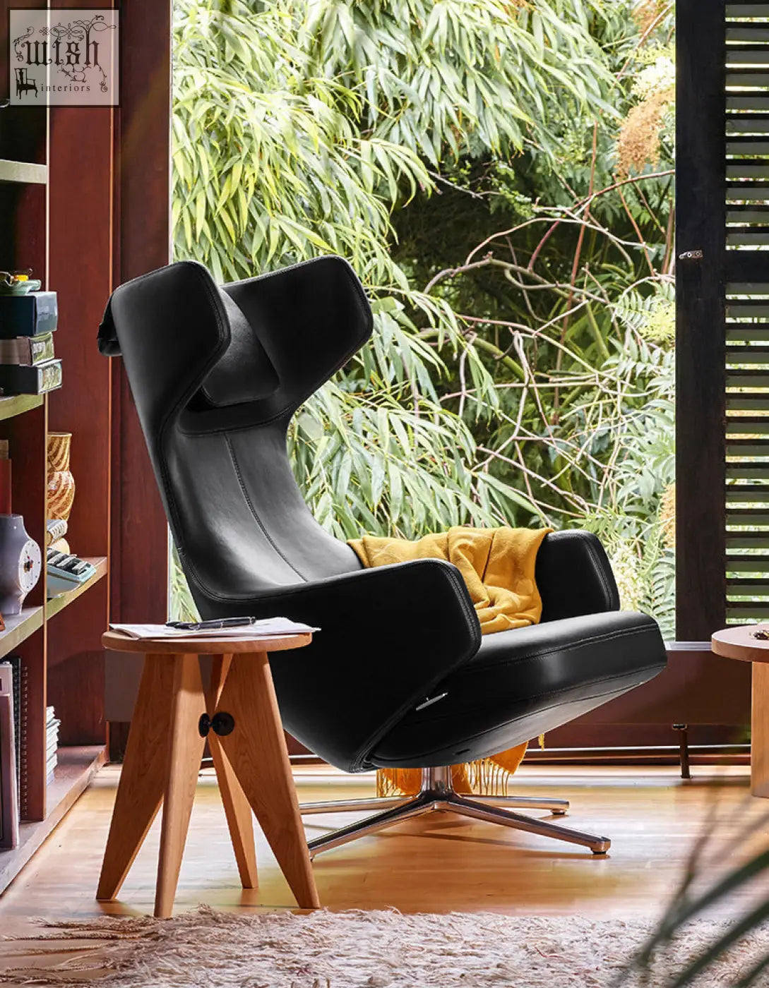 Black leather ghoshal egg chair wingback lounge chair with recliner and chrome base for stylish comfort