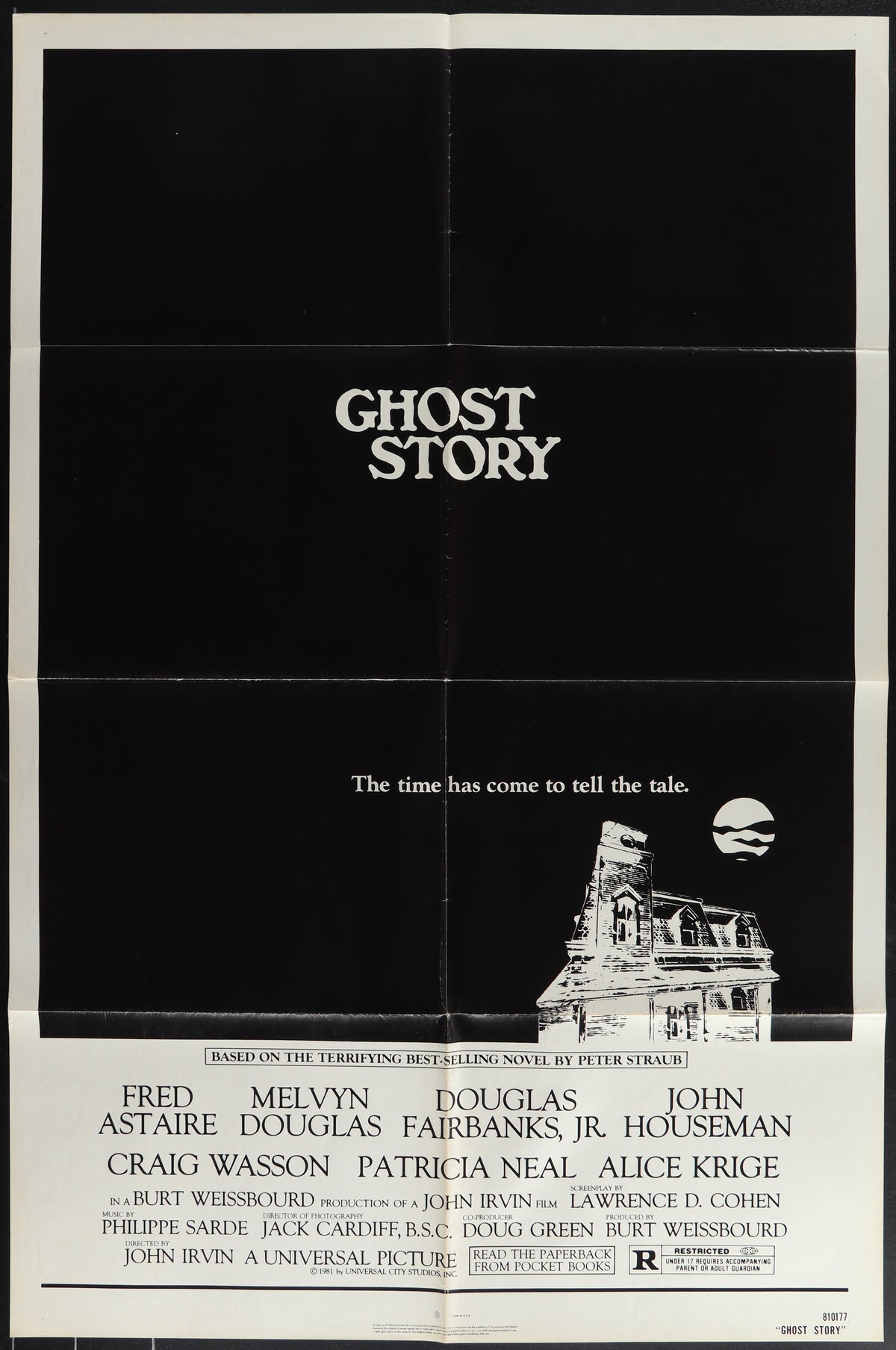 Black and white ghost story movie poster featuring a spooky mansion silhouette under a full moon from 1981