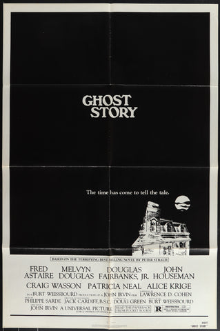 Black and white ghost story movie poster featuring a spooky mansion silhouette under a full moon from 1981