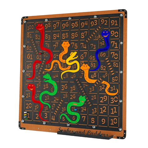 Giant snakes and ladders game board with colorful wall-mounted plastic snakes and ladders on a black grid