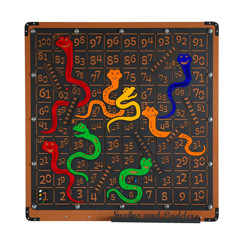 Giant snakes and ladders game board with colorful wooden snakes in red green blue and orange on a black grid