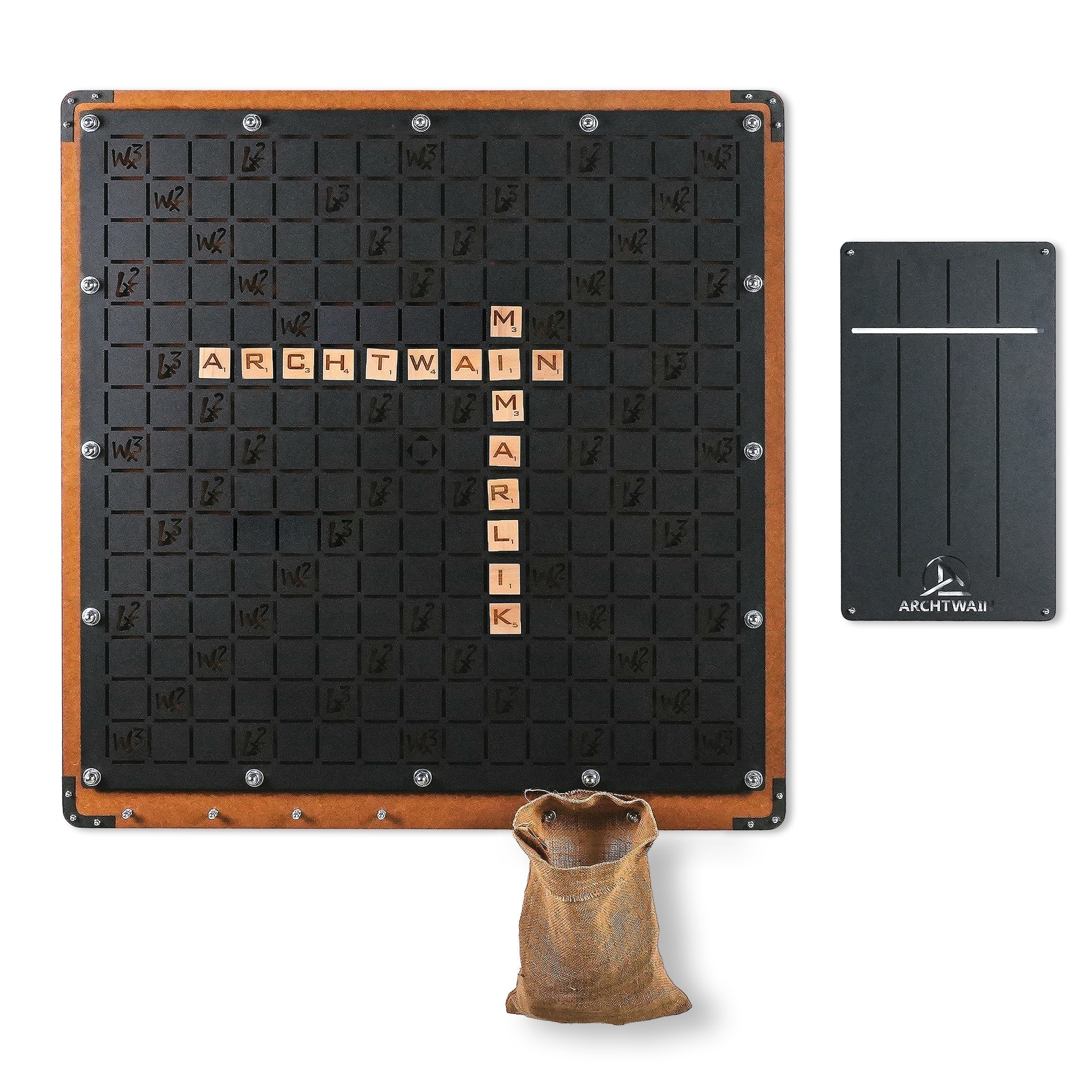Black and brown wooden framed giant words wall game with scrabble tiles held on a black metal tile holder for the player