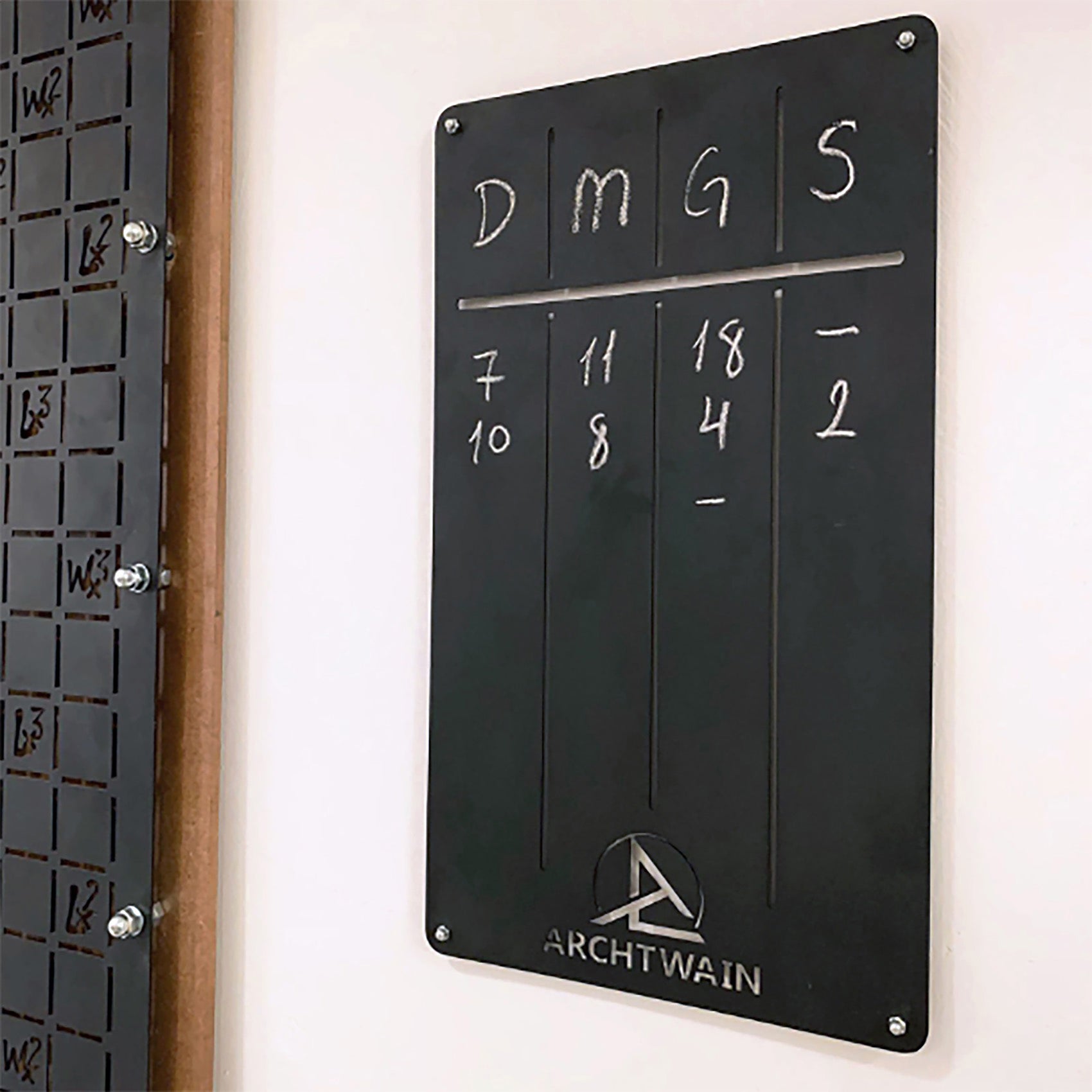 Black metal scoreboard with white chalk markings for the giant words board wall game by archtwain the player can use