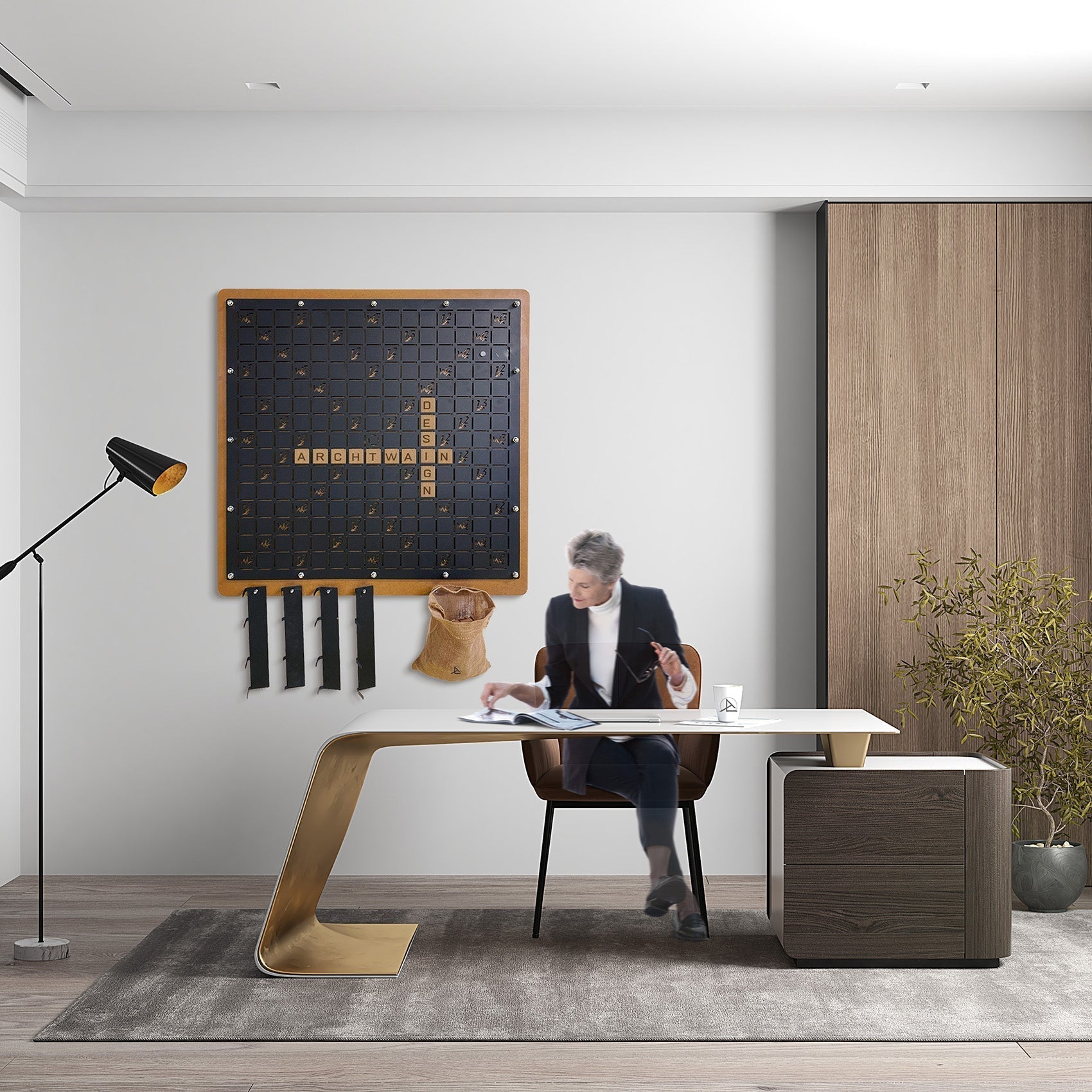 Black wooden-framed giant words wall game board with letter tiles spelling architain for the player to play
