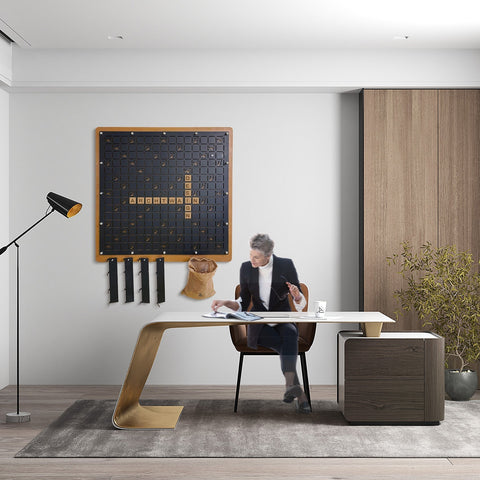 Black wooden-framed giant words wall game board with letter tiles spelling architain for the player to play
