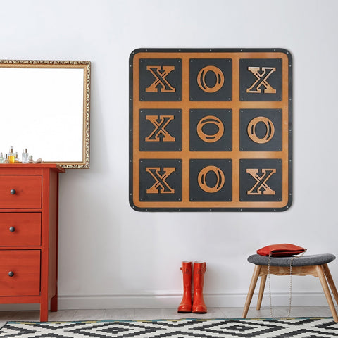 Giant xox board tic tac toe wall art in black and copper metal with rustic industrial design for home decor