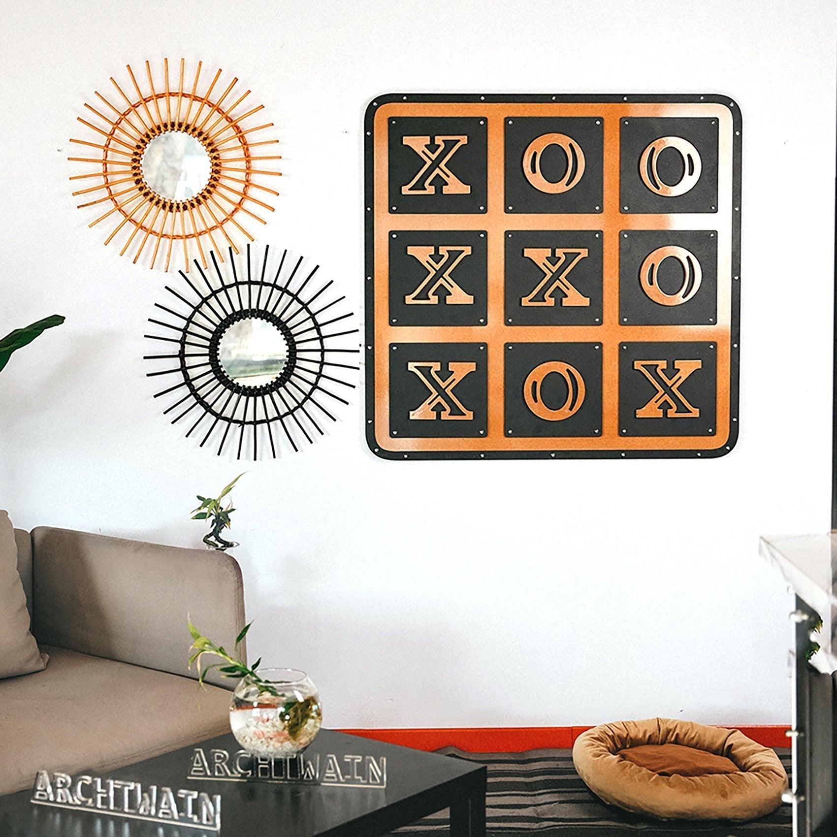 Giant xox board tic tac toe wall art in black and copper metal with rustic industrial design for home decor