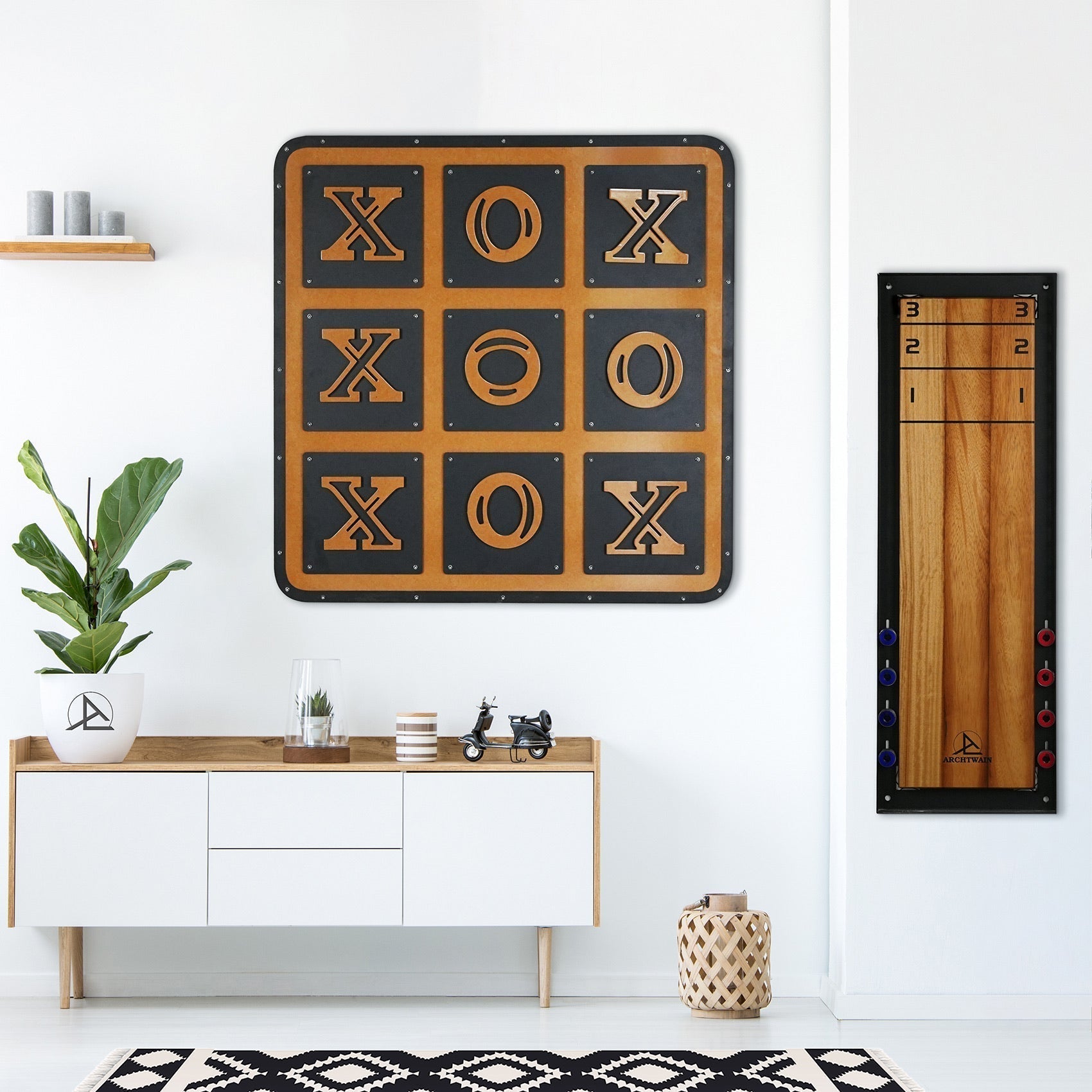 Giant xox board tic tac toe wall game with black and gold metal rustic industrial design for three in a row play
