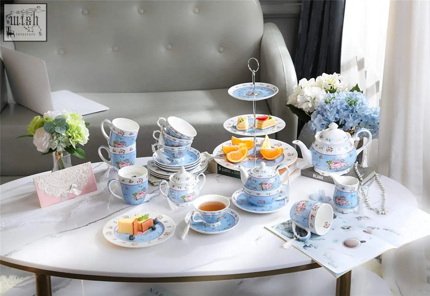 Blue floral porcelain tea set with milk jug tier cake stand teapot and matching cups for family party gift