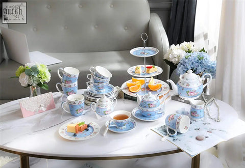 Blue floral porcelain tea set with milk jug tier cake stand teapot and matching cups for family party gift