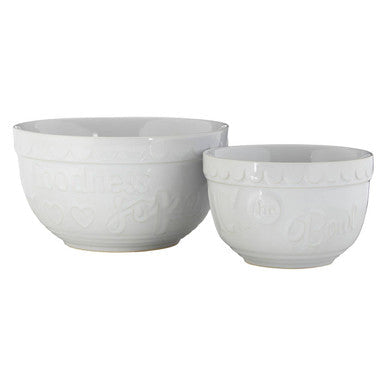 Gigi white set of two mixing bowls made of ceramic with subtle embossed patterns and a glossy finish