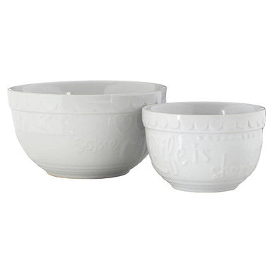 White set of two ceramic mixing bowls with subtle embossed patterns perfect for baking and cooking