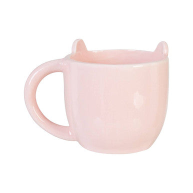 Pastel pink ceramic gigil bear mug with cat ear shaped lid featuring a cute bear face design