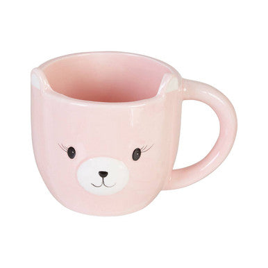 Pink ceramic gigil bear mug with cute bear face featuring black eyes long lashes and white snout