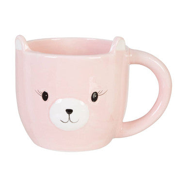Pink ceramic gigil bear mug with cute bear face design featuring black eyes long lashes and white snout