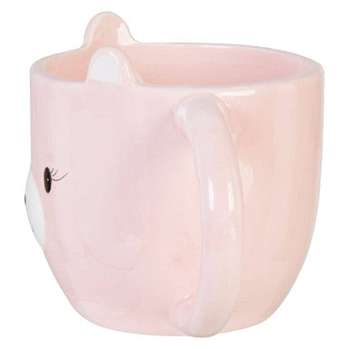 Pink ceramic gigil bear mug shaped like a cat with white ears and black eyes for cute bear mug lovers