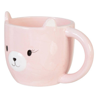 Pink ceramic gigil bear mug with white cat ears and black eyes perfect for cozy drink moments