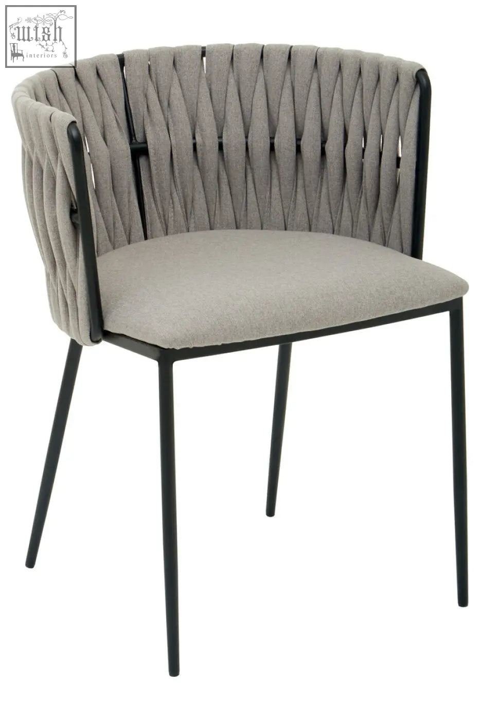 Gray dining chair showing woven back with black metal frame and legs perfect for stylish grey dining spaces