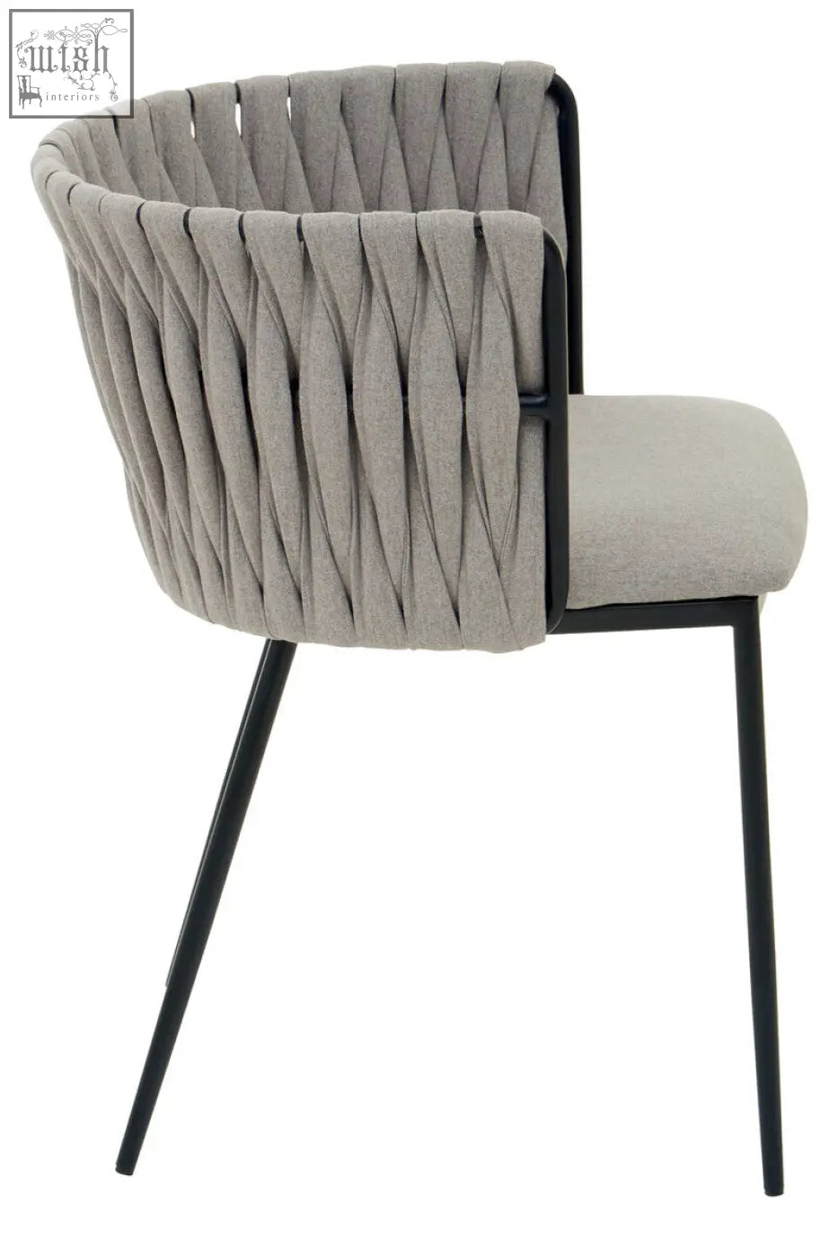 Gilden grey dining chair with woven fabric back black metal legs and matching upholstered seat for grey dining