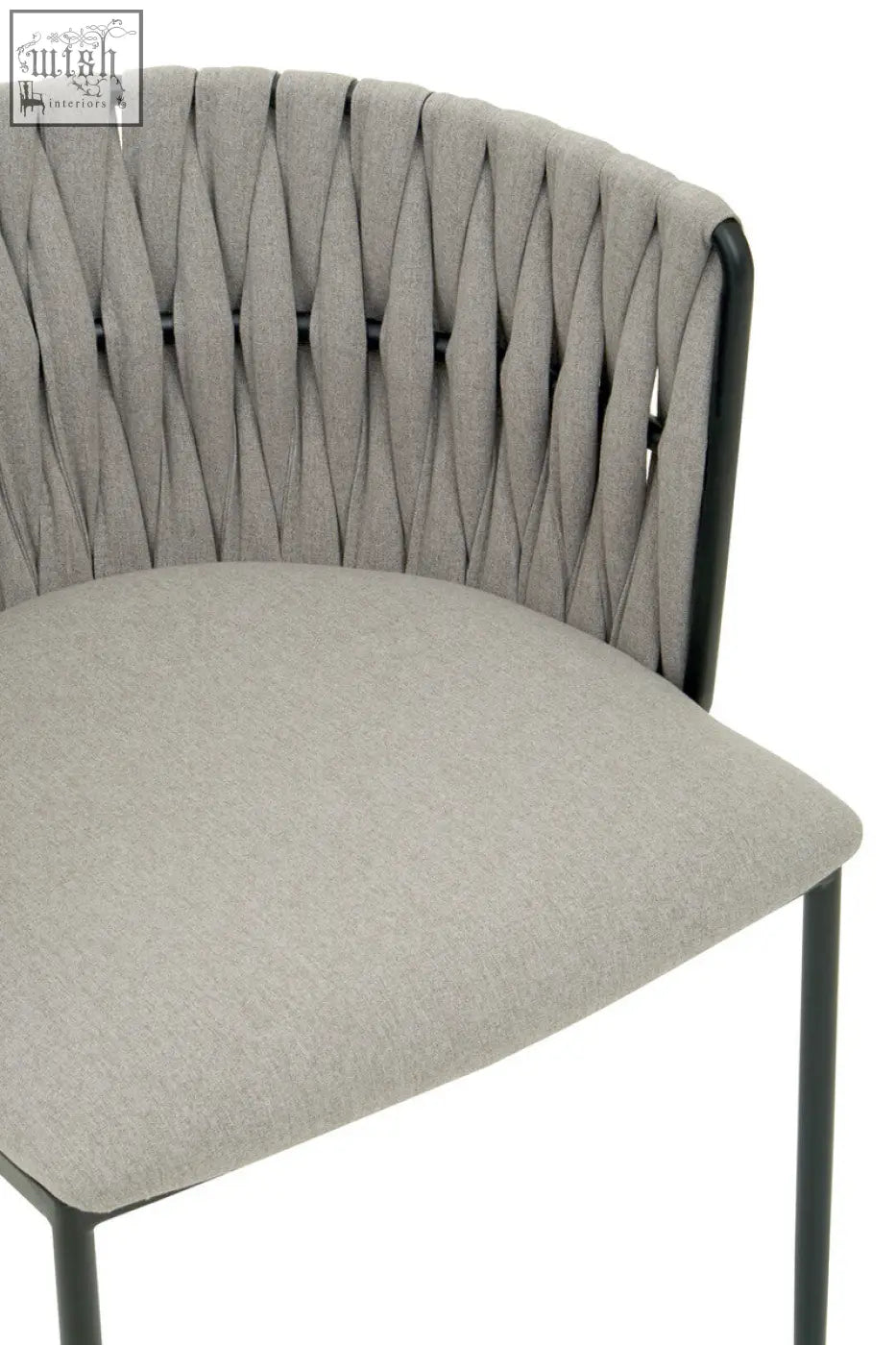 Grey dining chair with woven back and black metal frame perfect for stylish dining areas