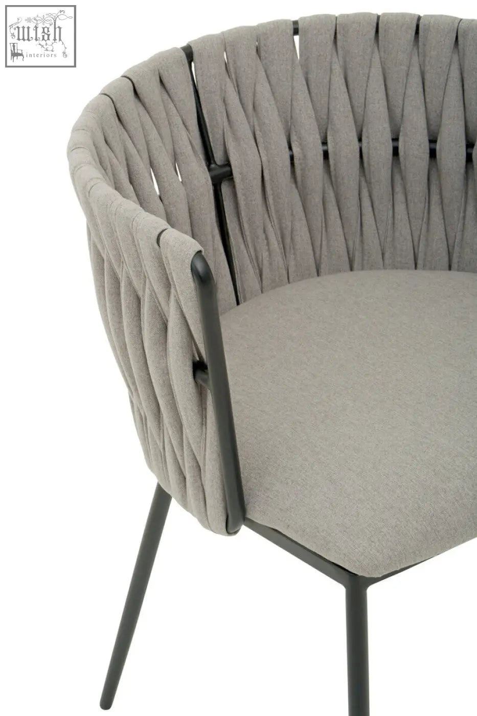 Gilden grey dining chair with woven gray fabric back cushioned seat and sleek black metal frame for dining use