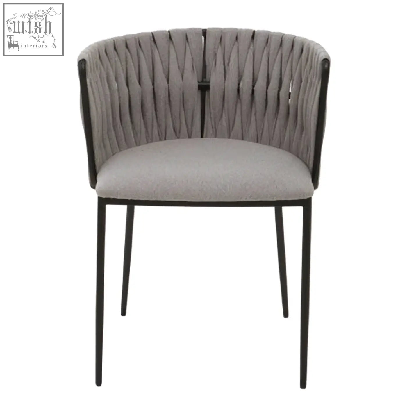 Gilden grey dining chair with woven textured back and sleek black metal legs for stylish grey dining seating