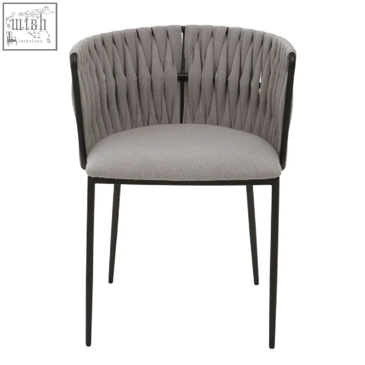 Gilden grey dining chair with woven textured back and sleek black metal legs for stylish grey dining seating