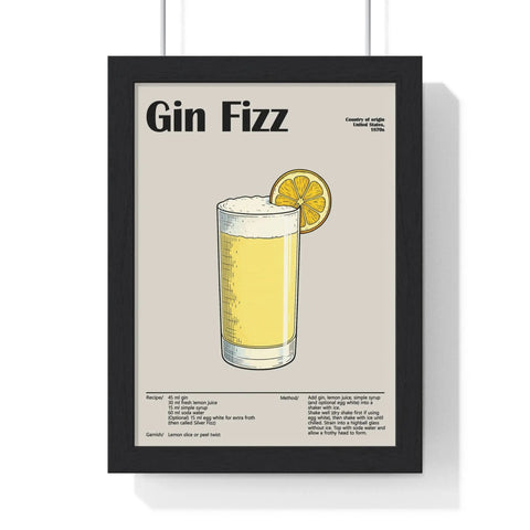 Black-framed gin fizz cocktail poster with vintage-style illustration of gin fizz in tall glass with lemon slice garnish