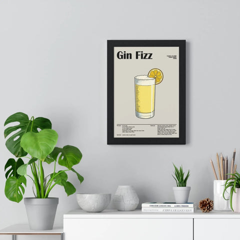 Black-framed gin fizz cocktail poster with minimalist illustration and yellow lemon slice bright classic drink wall art