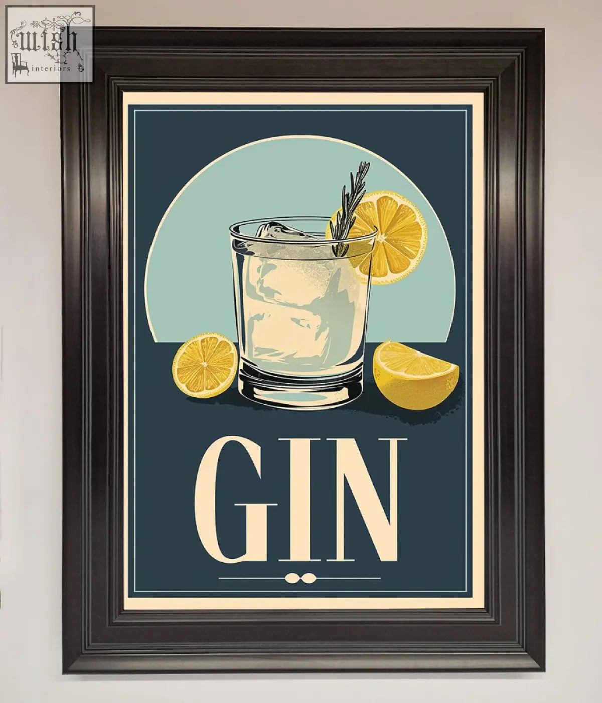 A gin illustration framed poster showing a clear glass gin cocktail with ice lemon slices and rosemary garnish