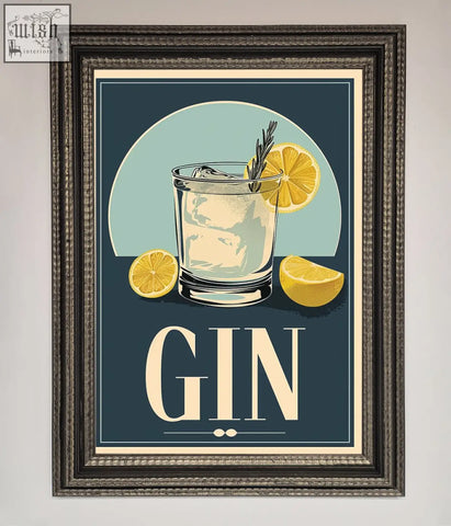 A gin illustration framed poster showing a stylized gin cocktail with lemon and rosemary on a dark blue background