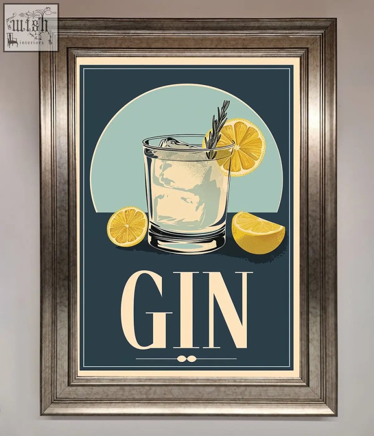 A gin illustration framed poster with a vintage style showing a clear glass with ice lemon and rosemary on navy background