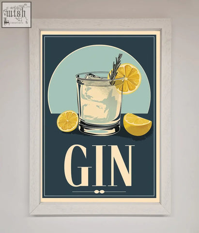 A vintage-style gin illustration framed poster featuring a glass of gin with ice lemon slices and rosemary garnish