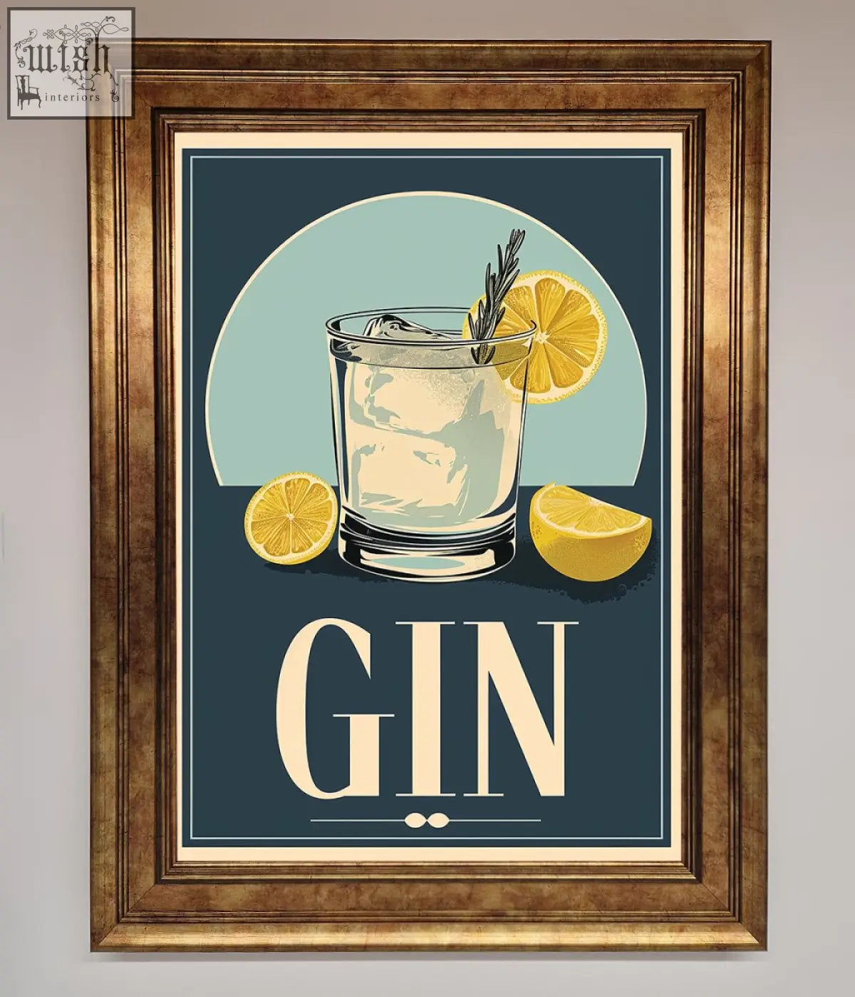 A gin illustration framed poster showing a stylized gin cocktail with lemon slices and rosemary in a clear glass