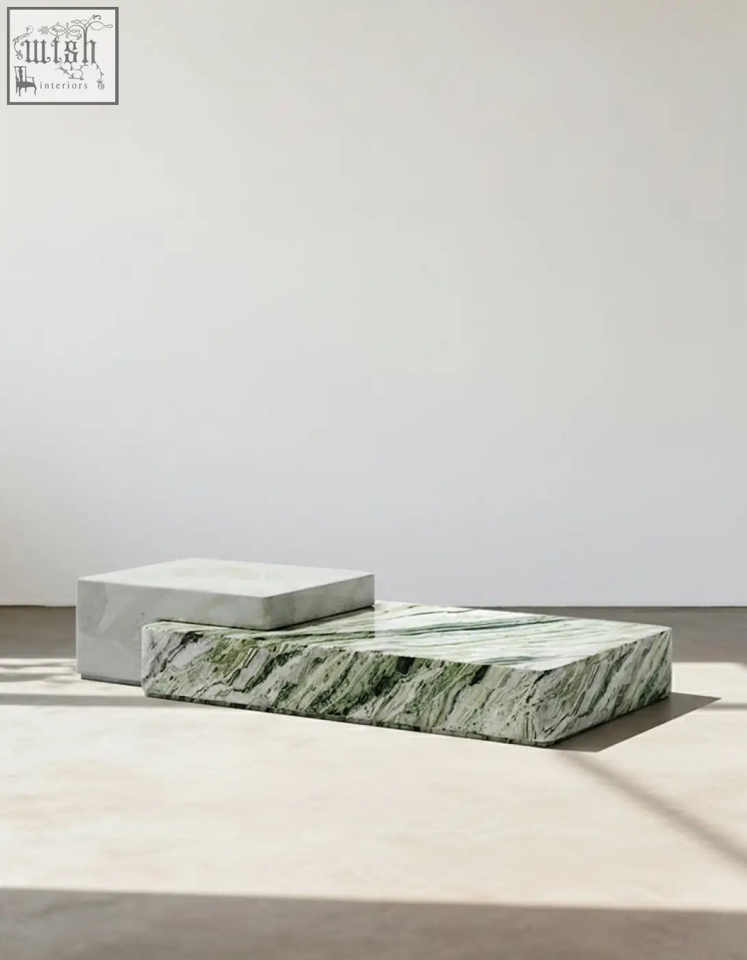 Giuli marble coffee table set features smooth polished green and white marble coffee rectangular blocks