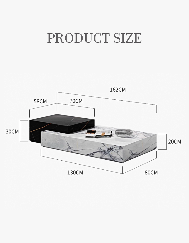 Modern giuli marble coffee table set with white marble top featuring black veining and sleek glossy black base