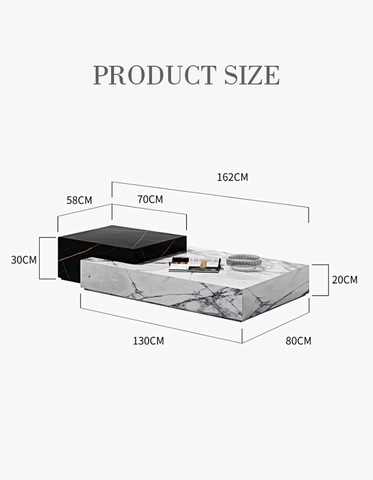 Modern giuli marble coffee table set with white marble top featuring black veining and sleek glossy black base