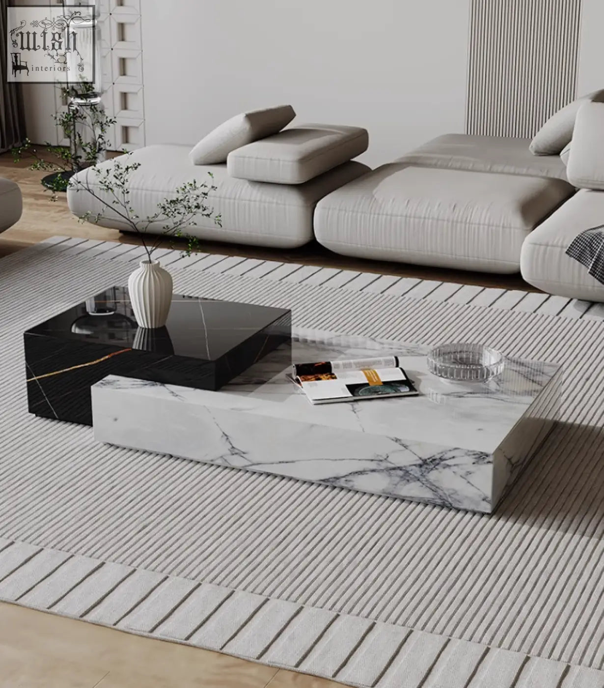 Modern rectangular giuli marble coffee table with white marble top black glossy sides and subtle gold veining