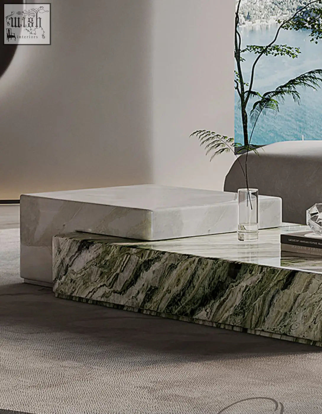 Modern giuli marble coffee table set with sleek white marble top and green veined marble lower tier polished surface
