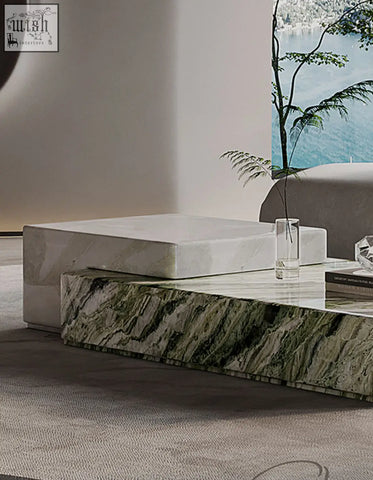 Modern giuli marble coffee table set with sleek white marble top and green veined marble lower tier polished surface