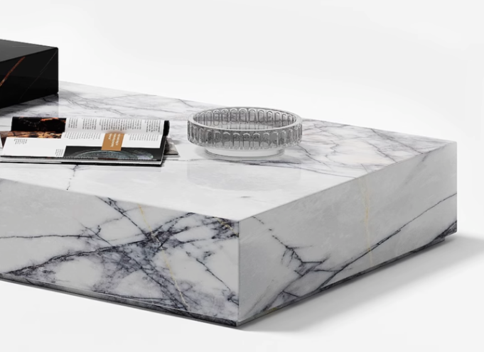 Giuli marble coffee table set stone features a sleek rectangular white marble coffee table with black veining
