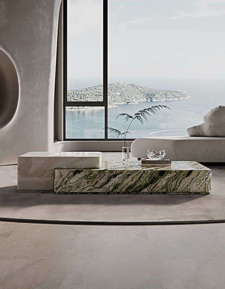 Giuli marble coffee table set featuring a sleek rectangular marble coffee table with polished green and white stone top and base