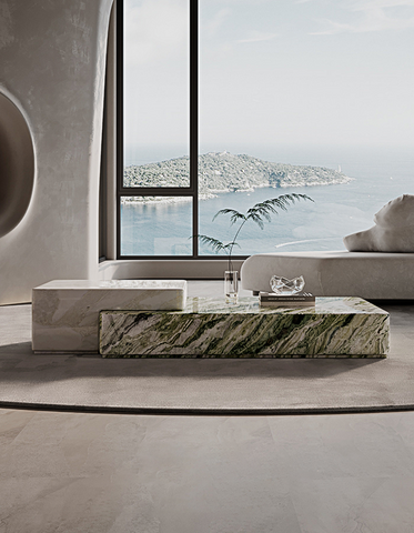 Giuli marble coffee table set featuring a sleek rectangular marble coffee table with polished green and white stone top and base