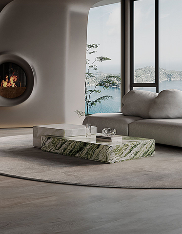 Giuli marble coffee table set with a sleek rectangular polished green and white marble coffee table top