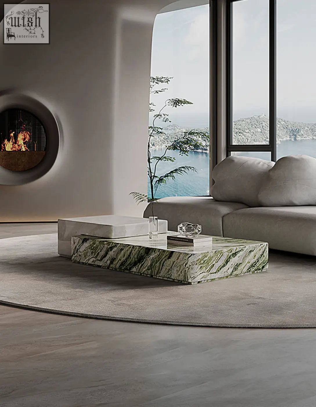 Giuli marble coffee table set stone with a sleek rectangular polished green and white marble coffee table top